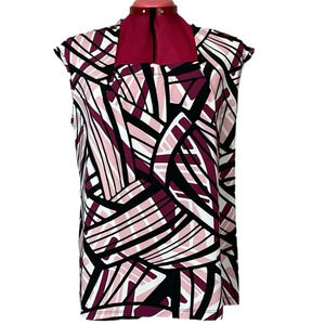 Anne Klein sleeveless front pleats geometric print stretch  top